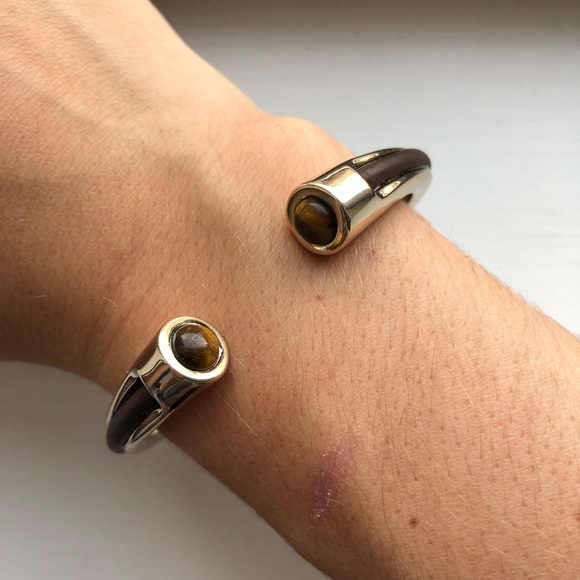 Vintage silver & brown wood open bangle bracelet - Picture 7 of 7